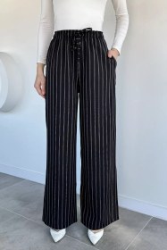Resim Kadın Bel Lastikli Bağcıklı Bol Paça Pantolon Siyah TZL-P-00020736 