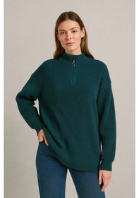 Resim Hazego Kadın Yarım Fermuarlı Triko Kazak Selanik Örgü, Dik Yaka, Pamuklu Dokuma, Oversize Uzun Kollu Kışlık Model - Haki Haki 