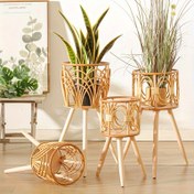 Resim 1 Paket, Rattan Örgülü Saksı Standı, Üçgen Zeminde Duran Delikli Çiçek Rafı, Balkon Bambu Sepeti, İç Mekan Bitki Tutucu, 57.91 cm Yükseklik, Ev Oturma Odası Dekoru 