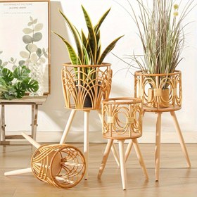 Resim 1 Paket, Rattan Örgülü Saksı Standı, Üçgen Zeminde Duran Delikli Çiçek Rafı, Balkon Bambu Sepeti, İç Mekan Bitki Tutucu, 57.91 cm Yükseklik, Ev Oturma Odası Dekoru 