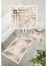 Resim Dijital Baskı Mermer Desen Kaymaz Taban 2li Set Banyo Paspası Klozet Takımı 50x60cm-60x100cm Kahverengi 