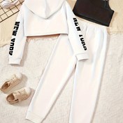 Resim 3 adet Kızlar için Yeni York Baskılı Örgü Takımı - Kapüşonlu Sweatshirt, Tank Üst ve Joggers, Rahat Uzun Kollu Üst, Asimetrik Uyum, Polyester, Bahar/Sonbahar için Mükemmel, Gençler için Hediye, Açık Hava için 