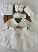 Resim PİLEKİ BABY Kız Bebek 0-6 Ay Gelinlik Elbise 5 Li Mevlütlük Set Uzun Kollu Dantelli Elbise 