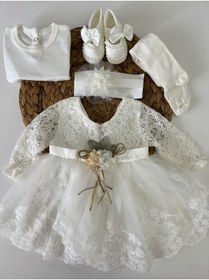 Resim PİLEKİ BABY Kız Bebek 0-6 Ay Gelinlik Elbise 5 Li Mevlütlük Set Uzun Kollu Dantelli Elbise 