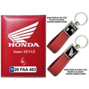 Resim Plakanıza Özel Honda Motor Logolu Kırmızı Ruhsat Kabı Ve Anahtarlık 