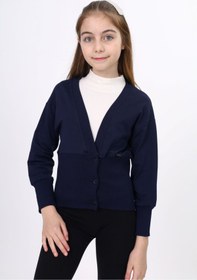 Resim Toontoy Lacivert Kız Çocuk V Yaka Düğmeli Düşük Omuz Korse Kesim Örme Okul Hırkası - 2 İplik Kaşkorse 