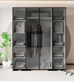 Resim Floransa Alüminyum Cam Kapak 4 Kapılı Beyaz-antrasit Çok Raflı Gardırop Beyaz 