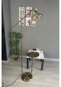 Resim Lumsa Eskitme Gövde Bal Rengi Cam Lambader U Tepsili Makas Gövde Modern Metal Zemin Lambası Natural 