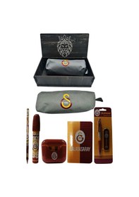 Resim Galatasaray Orjinal Lisanslı Kırmızı Air Kalemtraş Ahşap Kutulu 6'lı Kırtasiye Seti Gri 