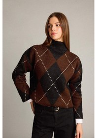Resim Defacto Overshirt Fit Yarım Balıkçı Yaka Baklava Desenli Triko Kazak G7522ax25wnbn214 Kahve-bn214 
