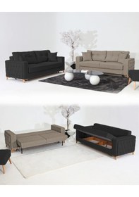 Resim Nola Koltuk Takımı 3+3 & Bazalı Yataklı Koltuk & Kanepe - Keten Antrasit-latte 