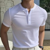 Resim Erkek Klasik Henry Yaka Kısa Kollu T-Shirt - Düz Siyah, Düğme Detaylı Rahat Yazlık Tişört, Hafif ve Nefes Alabilen Kumaş, Dış Mekan Aktiviteleri İçin | Düğmeli Yaka Gömlek | Şık Fit Gömlek 