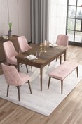 Resim Canisa Are Serisi 80x132 Mdf Açılabilir Barok Ahşap Desen Masa Takımı 4 Pembe Sandalye 1 Bench 