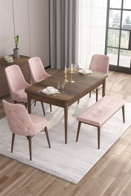 Resim Canisa Are Serisi 80x132 Mdf Açılabilir Barok Ahşap Desen Masa Takımı 4 Pembe Sandalye 1 Bench 