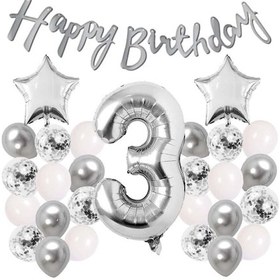 Resim Gümüş Konsept 3 Yaş Doğum Günü Kutlama Seti Beyaz Gümüş Konfetili Balon Rakam Yıldız Folyo ve Banner 