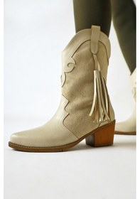 Resim Pandorak Bej Süet Detaylı Püsküllü Sivri Burunlu Western Bot 001 