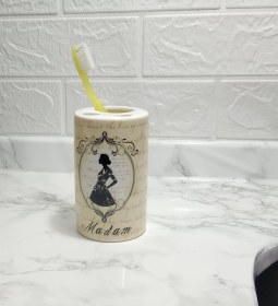 Resim 2 Adet Seramik Diş Fırçalık Madam Desenli 7x7x11cm Banyo Seti Çok Renkli 