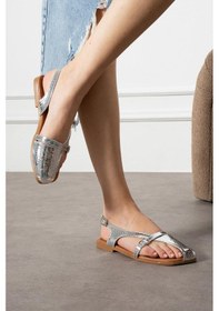 Resim Shoetek Halina Kadın Babetyan Parmak Açıkyılan Desenli Gümüş Deri Gümüş Yılan Gümüş 