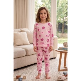 Resim Zuzunga Deniz Temalı Pembe Renk %100 Pamuk Kız Çocuk Pijama Takımı 