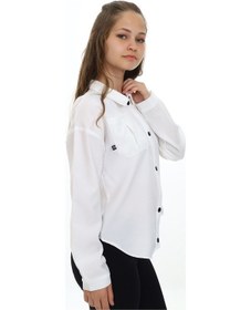 Resim Toontoy Kız Çocuk Regular Fit Asimetrik Kalıp Düşük Omuz Uzun Kollu Basic Poplin Gömlek - Tek Cepli Beyaz 