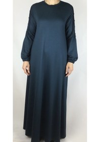 Resim Kristal İki İplik Kol Düğme Detaylı Mevsimlik Elbise Zümrüt Yeşili 