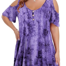 Resim Plus Beden Kadınlar için Rahat Bağcıklı Tie-Dye Baskılı Omuzsuz T-Shirt ve Zil Kollu Bluz - Kısa Kollu Yuvarlak Yaka, Makinede Yıkanabilir Günlük Giyim, Her Mevsime Uygun, Konforlu Kumaş 