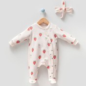 Resim Genel Markalar Unisex Bebek Natural Çilek Desenli Bandanalı Patikli Çıtçıt Kapamalı Bebek Tulum My-1012ey 