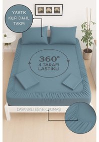 Resim Mirava Premium %100 Pamuk Penye Lastikli Çift Kişilik Çarşaf Takımı 2 Yastık Kılıfı Dahil İndigo 140x200cm Mavi 
