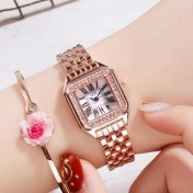 Resim Hanyang Gül Altın Kasa Pembe Yeni Moda Taklidi Kare Kadran Saatler Kadınlar Lüks Marka Paslanmaz Çelik Bilezik Saatler Bayanlar Kuvars Elbise Montre Femme (Yurt Dışından) 