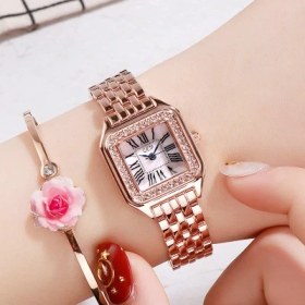 Resim Hanyang Gül Altın Kasa Pembe Yeni Moda Taklidi Kare Kadran Saatler Kadınlar Lüks Marka Paslanmaz Çelik Bilezik Saatler Bayanlar Kuvars Elbise Montre Femme (Yurt Dışından) 