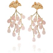 Resim Rose Quartz Gınkgo Yaprak Gümüş Kadın Küpe 
