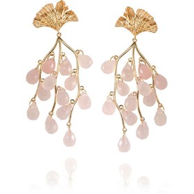 Resim Rose Quartz Gınkgo Yaprak Gümüş Kadın Küpe 