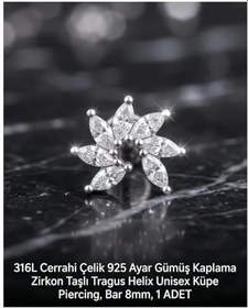 Resim 316L Cerrahi Çelik Gümüş Kaplama Tragus Helix Küpe Piercing Kararmaz Alerji Yapmaz Zirkon Taşlı Küpe Bar 8 mm Unisex Tekli Kadın Erkek Uyumlu Cartilage Kıkırdak Piercing 