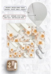 Resim Dijital Baskı Çicek Desen Kaymaz Taban 2li Set Banyo Paspası Klozet Takımı 50x60cm-60x100cm Krem 