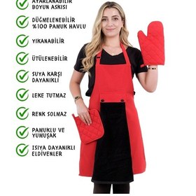Resim Star Ayar Askılı Havlulu 4lü Mutfak Önlüğü Seti Eldiven Tutacak Kırmızı-siyah-kırmızı 