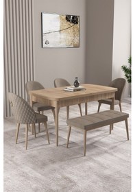 Resim Milas Meşe Desen 80x132 Mdf Açılabilir Yemek Masası Takımı 4 Sandalye, 1 Bench Cappucino 