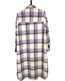 Resim Sublime Butik Kadın Mor Beyaz Ekose Extra Uzun Oduncu Ferace Gömlek Kap 
