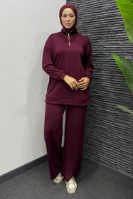 Resim Tesettür Diyarı Kadın Yarım Fermuarlı Alt Üst Spor Tesettür Takım- Bordo 