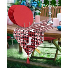 Resim Yılbaşı Temalı Geyik Motifli Üçgen Püsküllü Runner 1 Adet ve 6 Adet Bordo Renkli Supla 