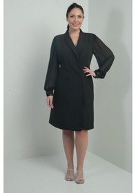 Resim Kadın Kruvaze Yaka Kolları Şifon Boncuk Detaylı Astarlı Büyük Beden Elbise-40362 Siyah 