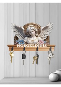 Resim 30 X 16 Cm Dört Metal Kancalı 2d Ahşap Uv Baskılı Melek Hoşgeldiniz Mdf Duvar Askılığı Anahtarlık V6 Çok Renkli 