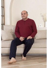 Resim Guava Erkek Büyük Beden 3 Düğmeli %100 Pamuk Mevsimlik Uzun Kol Cepli Pijama Takımı Bordo 
