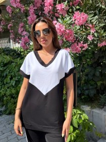 Resim Pusula Sepeti Kadın Kısa Kollu V Yaka Siyah Beyaz Renkli Viskon Iki Iplik Kumaş Eşofman Takımı Siyah 
