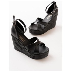 Resim Asmi Shoes Kadın Çapraz Bantlı Dolgu Topuklu 11cm Ayakkabı Rahat Yüksek Topuklu 700 Siyah Siyah 