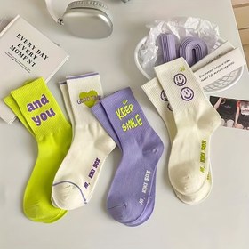 Resim Motivasyonel İfadeler ve Geometrik Desenlerle 4 Çift Orta-Baldır Çoraplar - Neon Yeşil & Pastel Renkler, Esnek Rahat Uyum, Spor için Makinede Yıkanabilir, Günlük Kıyafetler, Sevimli Çoraplar, Eğlenceli İfadelerle Rahat Çoraplar 