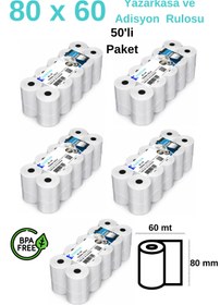 Resim Kasetsan 80x60 Yazarkasa Pos Rulosu 50'li Paket Termal Adisyon Kağıdı 