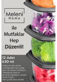 Resim Meleni Home Buzdolabı Düzenleyici Mikrodalga Difriz Kare Erzak Gıda Saklama Kabı Seti Antrasit 630 ML 12 Adet Gri 