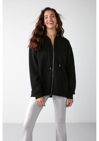 Resim Alena Kadın Basic Kanguru Cepli Oversize Organik Pamuk Fermuarlı Kapüşonlu Siyah Sweatshirt 