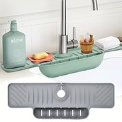 Resim 1 Adet Silikon Musluk Sıçrama Koruyucu & Damlalık Tepsisi - Kaymaz Tezgah Kurutma Matı, Mutfak ve Banyo için Çok Bölmeli Lavabo Organizatörü, Sünger Tutucu & Sabun Akışkanlık Matı, Minimalist Tasarım, Kolay Temizlenir, Banyo Aksesuarları 