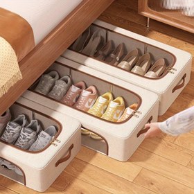 Resim Çift Pencere ile Katlanabilir Ayakkabı Saklama Kutusu - Bej Kumaş, Sneaker ve Yüksek Topuklu Ayakkabılar için Yatak Altı Düzenleyici, Kolay Görünüm, Yığınlanabilir Tasarım, Ayakkabı Saklama Düzenleyici, Yatak Altı Saklama, Yatak Altı Saklama 